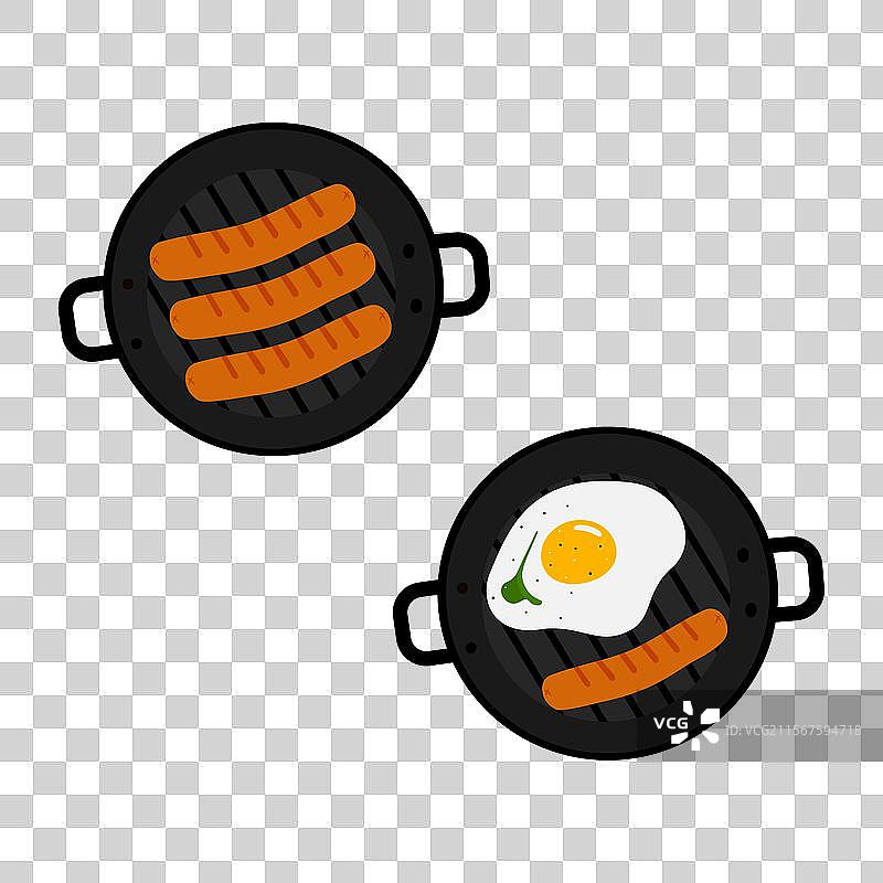 香肠和煎蛋与绿色蔬菜在烤盘中一起烹饪图片素材