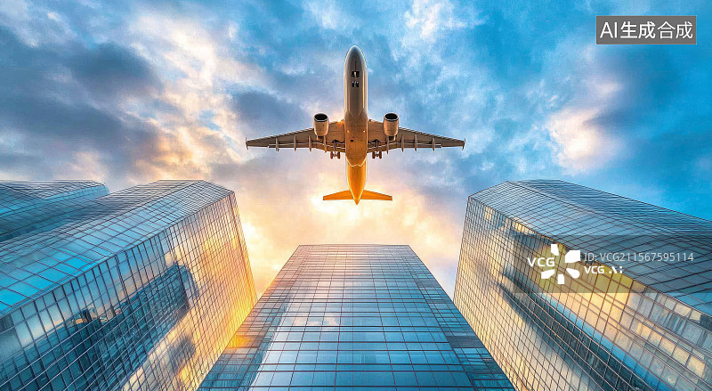 【AI数字艺术】飞机飞越城市高楼景观图片素材