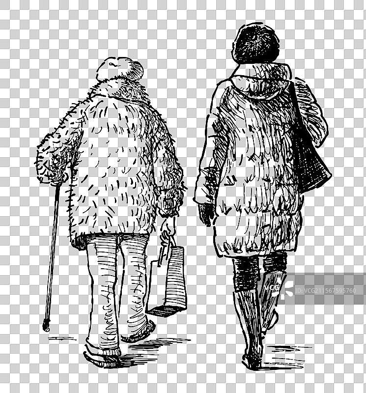 两位休闲的城镇女性散步的素描图片素材