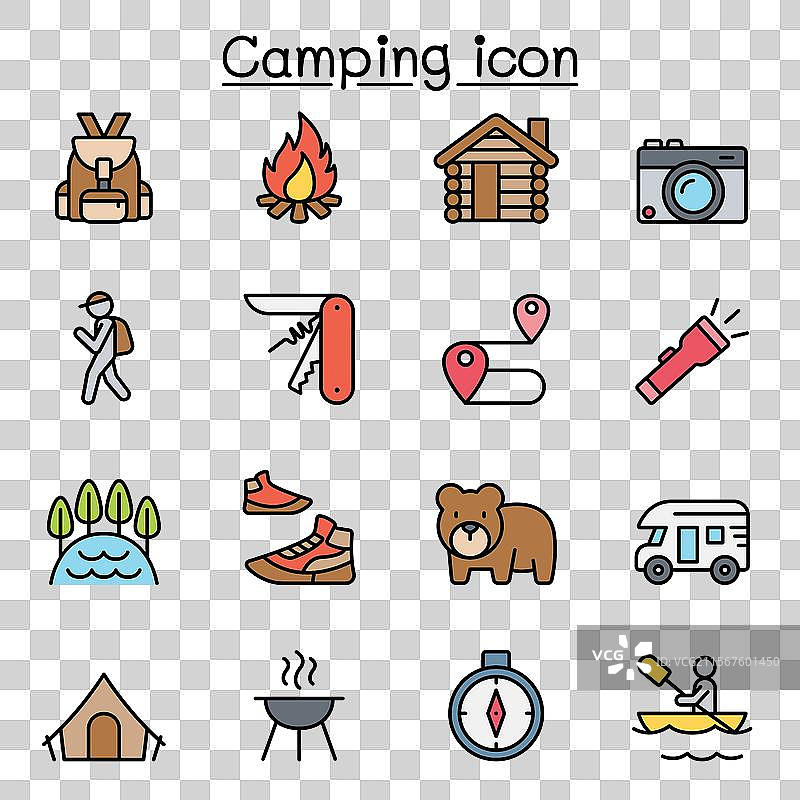 彩色线条风格的露营图标集图片素材