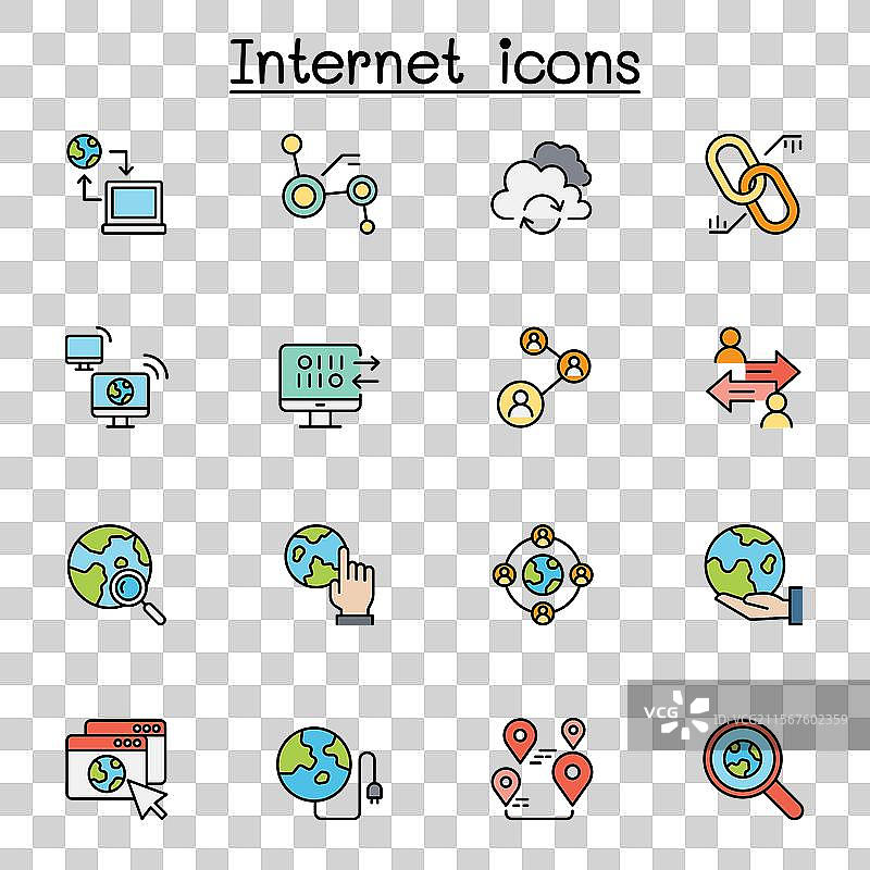 彩色线条风格的互联网连接图标集图片素材