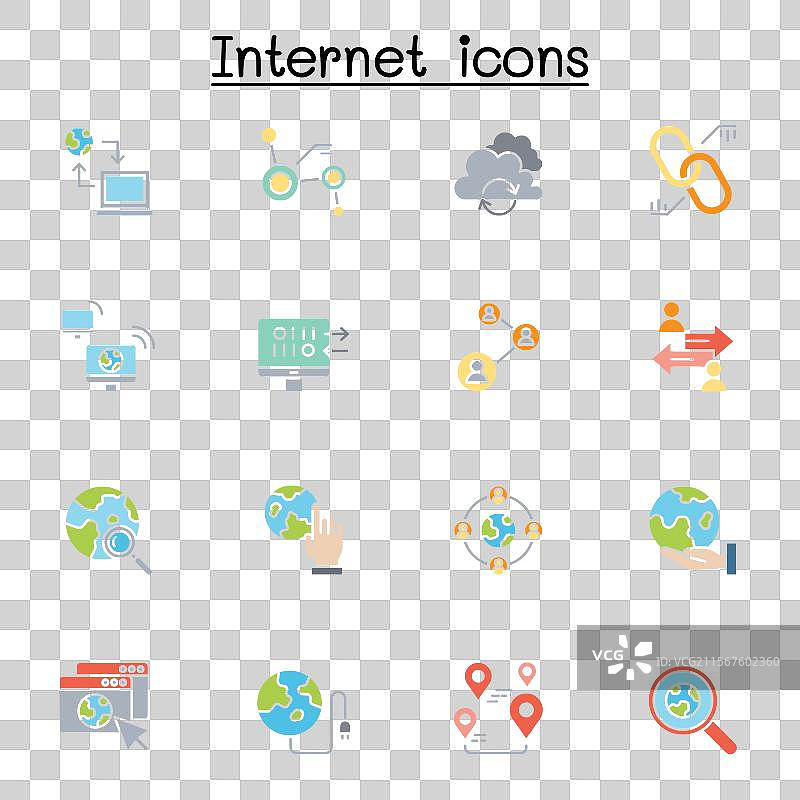 扁平色彩风格的互联网连接图标集图片素材