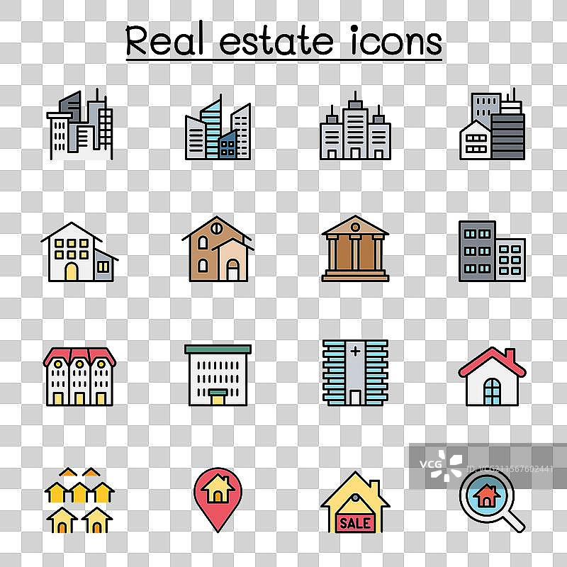 彩色线条风格的房地产建筑图标集图片素材