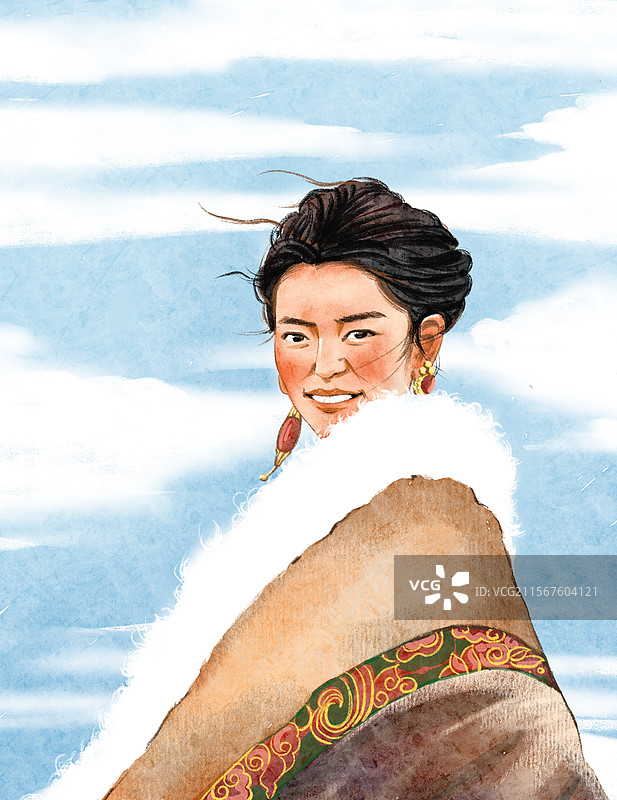 蓝天背景的藏族女孩图片素材