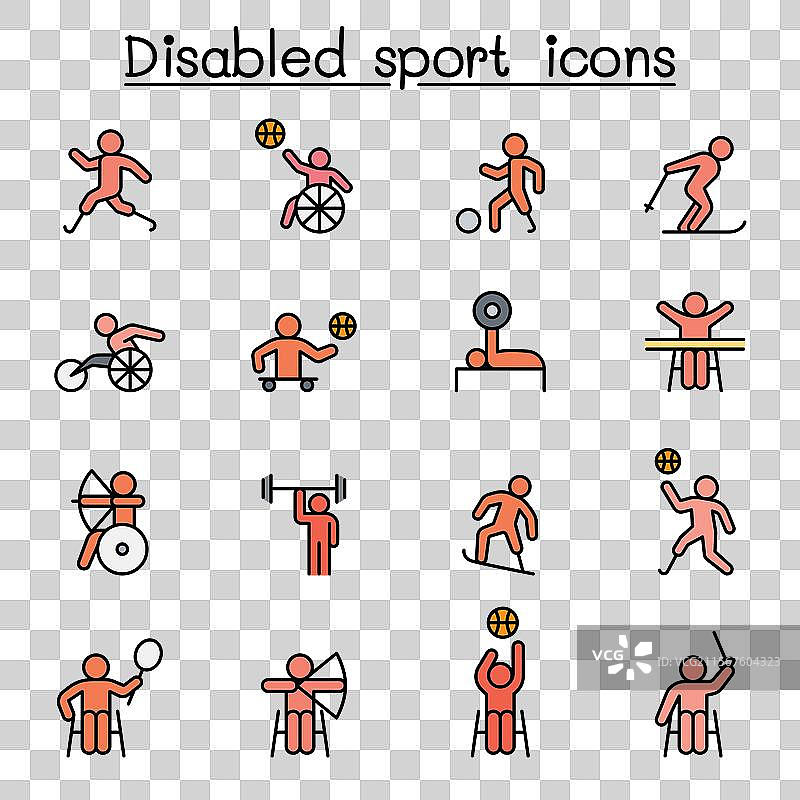 残疾人运动图标彩色线条风格集合图片素材