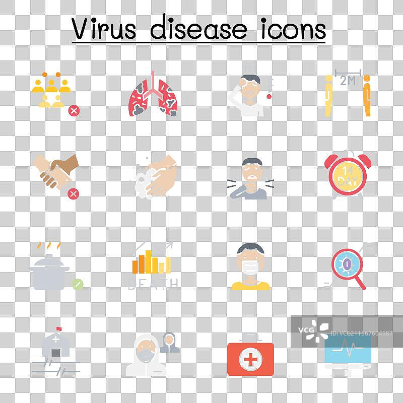 新冠病毒 COVID-19 图标集，扁平化色彩风格图片素材
