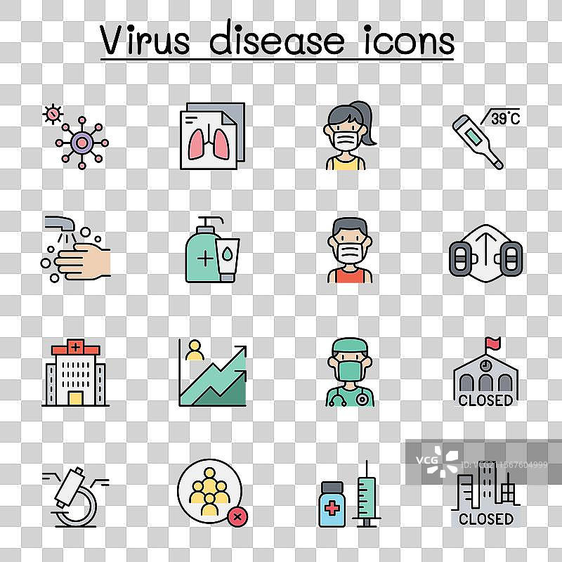 彩色线条风格的新冠病毒 COVID-19 图标集图片素材