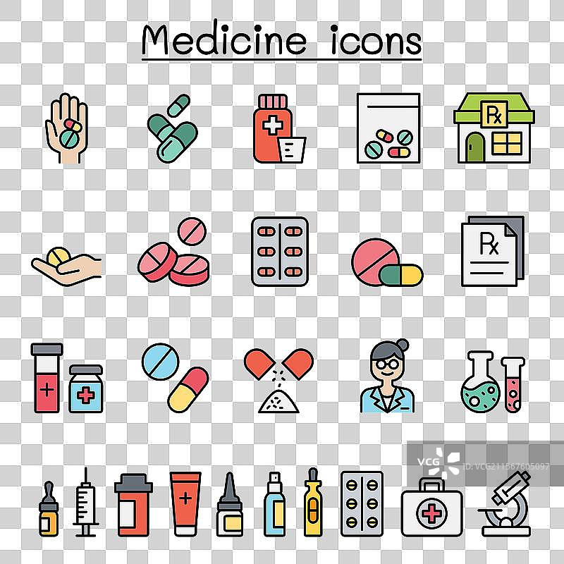 一组与药物相关的医疗线条图形图片素材