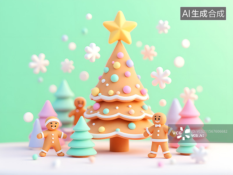 【AI数字艺术】圣诞节的圣诞树和糖饼小人3D插画图片素材