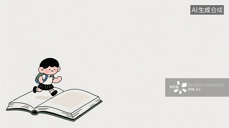 【AI数字艺术】装饰边框2D卡通背景，一个小学生在书本上奔跑，左下图片素材