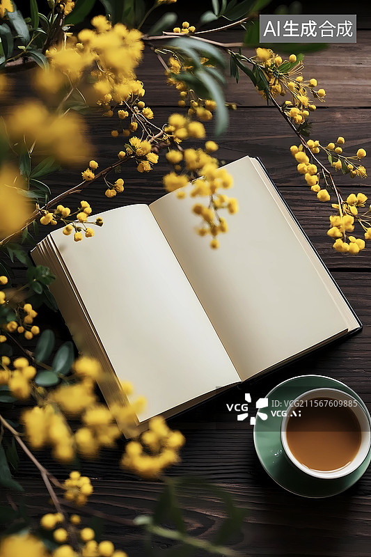 【AI数字艺术】木桌上的打开的书清新小花围绕图片素材