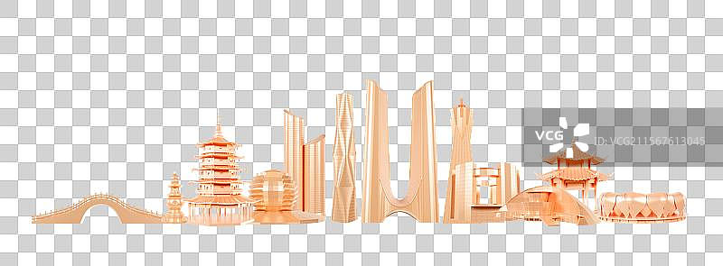 3D渲染的立体杭州城市建筑海报金色杭州城市元素图片素材