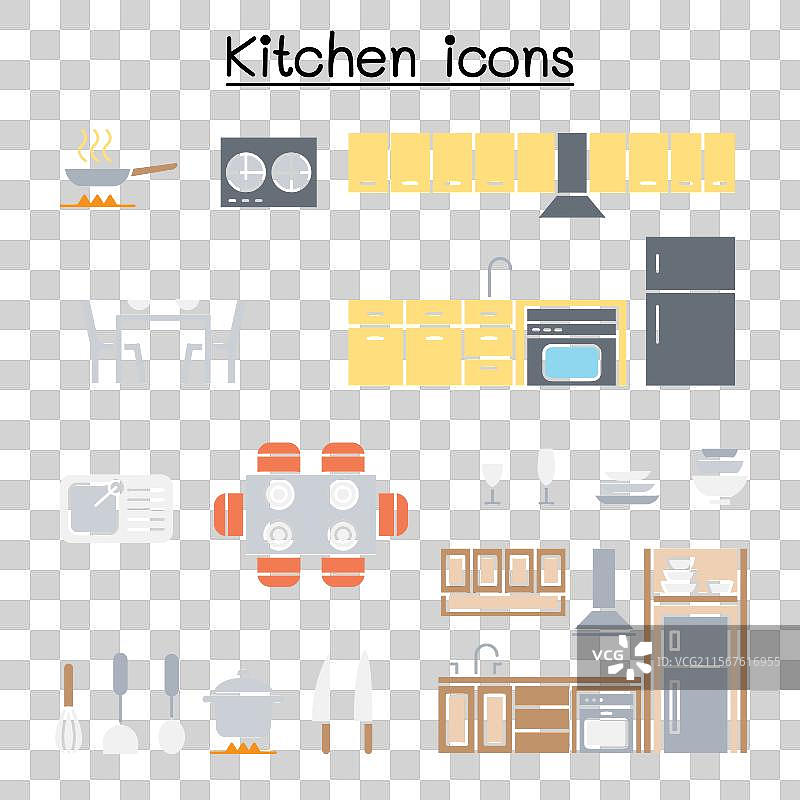 平面色彩风格的厨房图标集图片素材