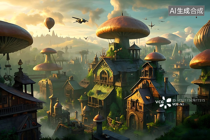 【AI数字艺术】奇幻蘑菇屋顶小镇图片素材