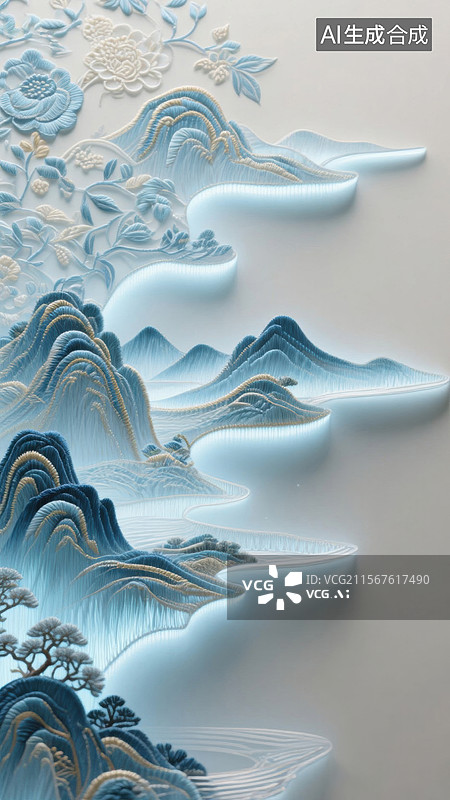 【AI数字艺术】蓝色山水画风格的立体浮雕艺术图片素材