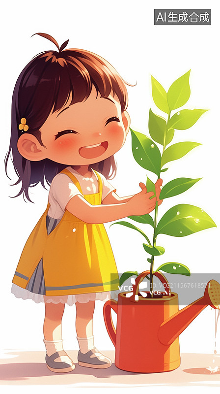 【AI数字艺术】小女孩浇灌植物图片素材