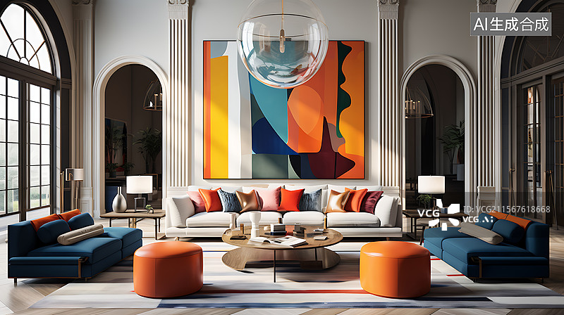 【AI数字艺术】艺术现代客厅样板间图片素材