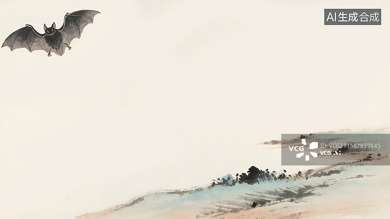 【AI数字艺术】水墨画蝙蝠两侧图片素材