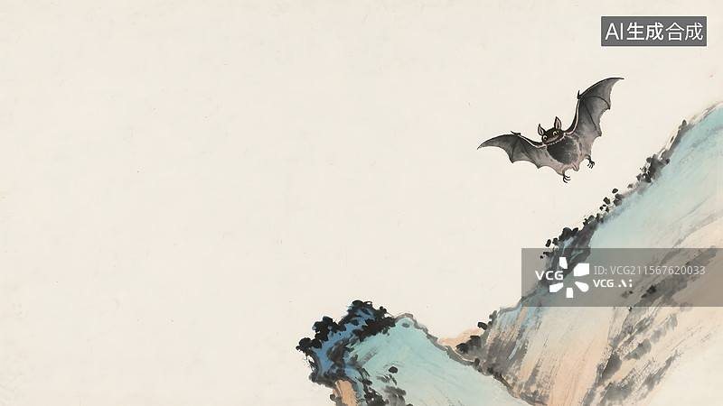 【AI数字艺术】水墨画蝙蝠居右图片素材