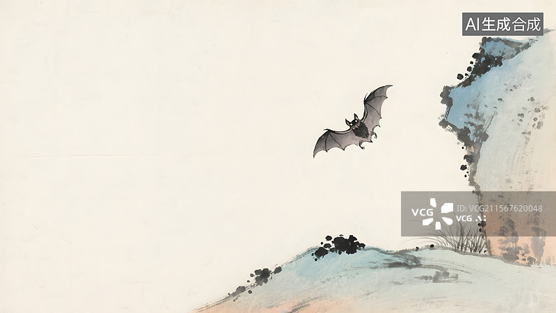 【AI数字艺术】水墨画蝙蝠居右图片素材