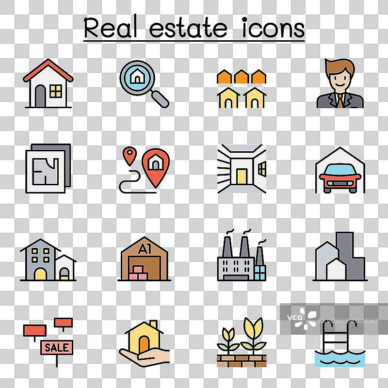 房地产图标集 彩色线条风格图片素材