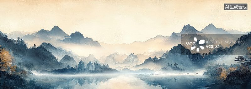 【AI数字艺术】日出日落烟雨迷雾中的幽静高山山水风景水墨画图片素材