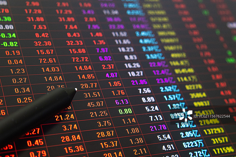 股市交易屏幕和放置的一支笔，金融市场研究，市场波动，市场交易，风险评估图片素材