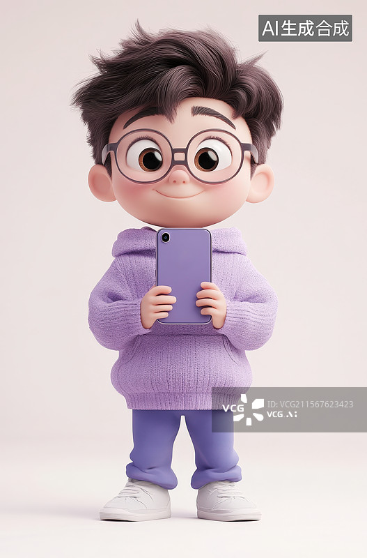 【AI数字艺术】3D渲染拿着手机正在使用的卡通戴眼镜的小男孩图片素材