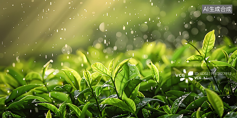 【AI数字艺术】春天绿叶下雨清新插画背景图片素材