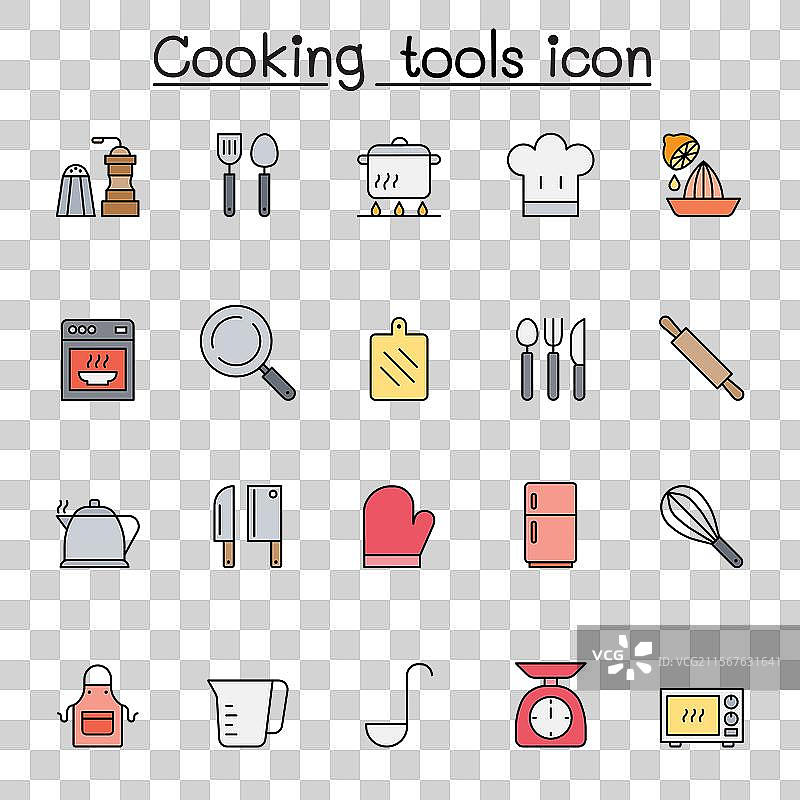 彩色线条风格的烹饪工具图标集图片素材