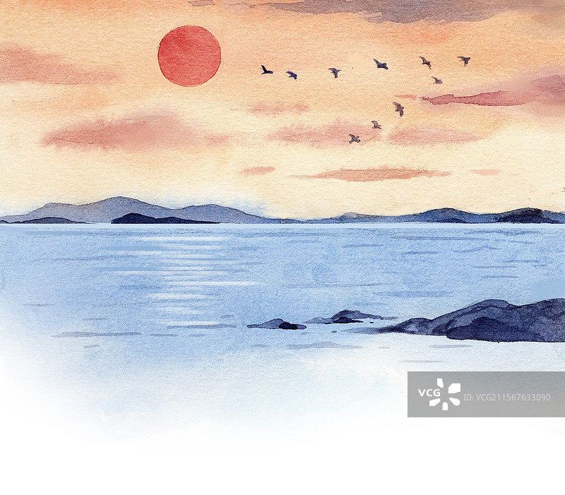 夕阳湖水插画图片素材