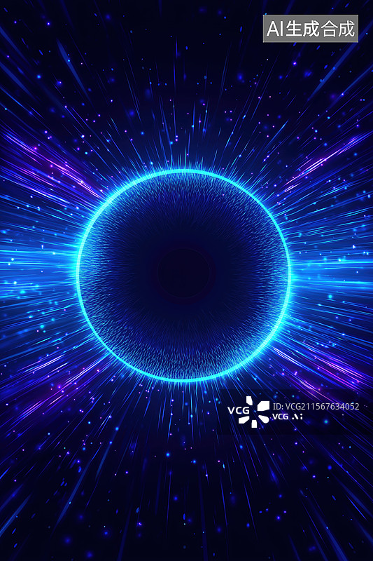 【AI数字艺术】发光的蓝色光环与辐射光线图片素材
