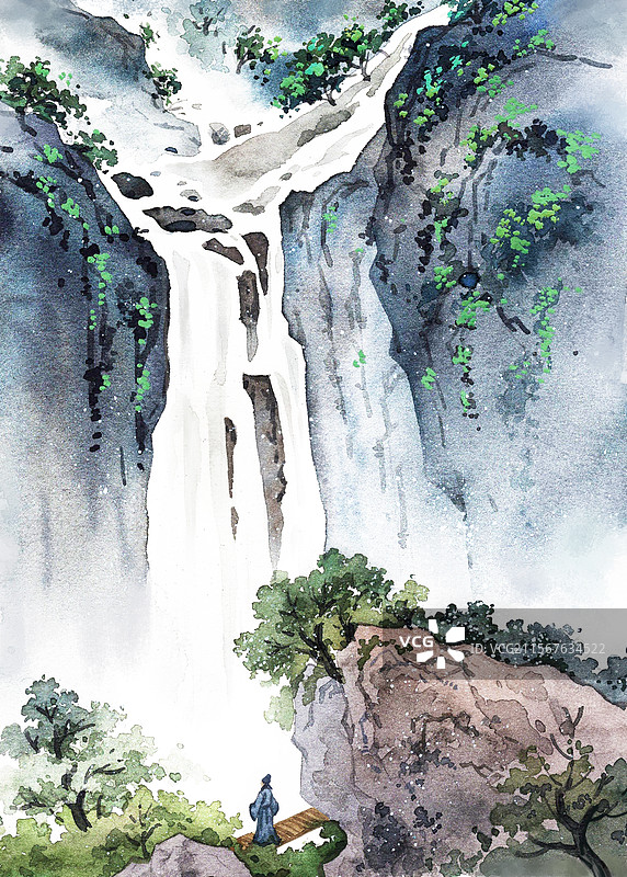 望庐山瀑布插画图片素材