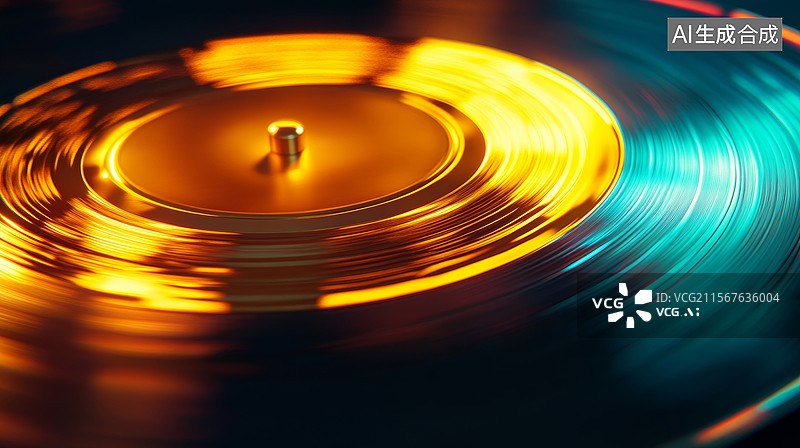 【AI数字艺术】金色闪耀的黑胶唱片特写图片素材