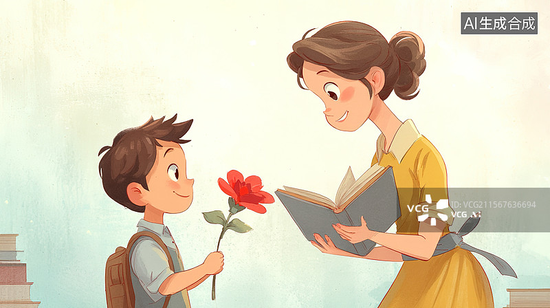 【AI数字艺术】教师节卡通插画；男女教师学生教师节卡通风格插画背景壁纸；教育教学感恩师生卡通插画图片素材