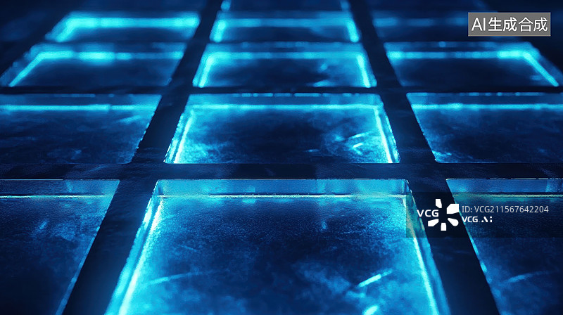 【AI数字艺术】发光的蓝色方格地板图片素材