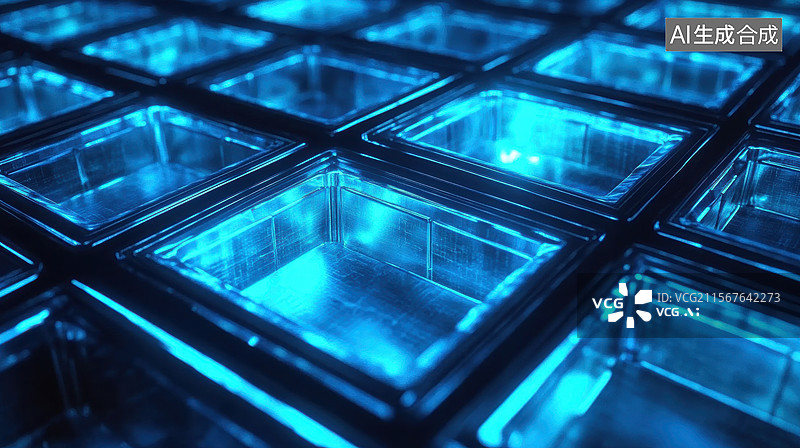 【AI数字艺术】蓝色发光的立方体阵列图片素材