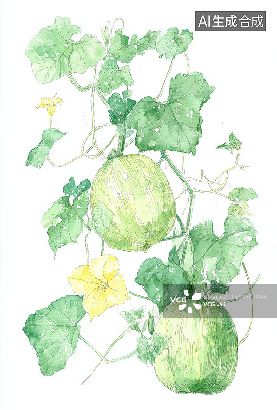 【AI数字艺术】水彩画中的绿色瓜果与黄色花朵图片素材