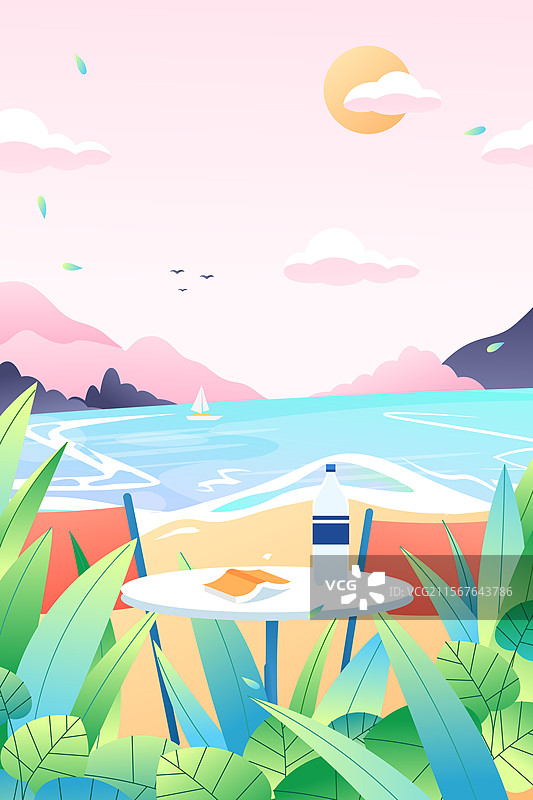 卡通夏季夏天暑期生活学生朋友闺蜜情侣下午茶奶茶聚会美食餐饮休闲娱乐活动冲浪游泳海边风景渐变矢量插画图片素材