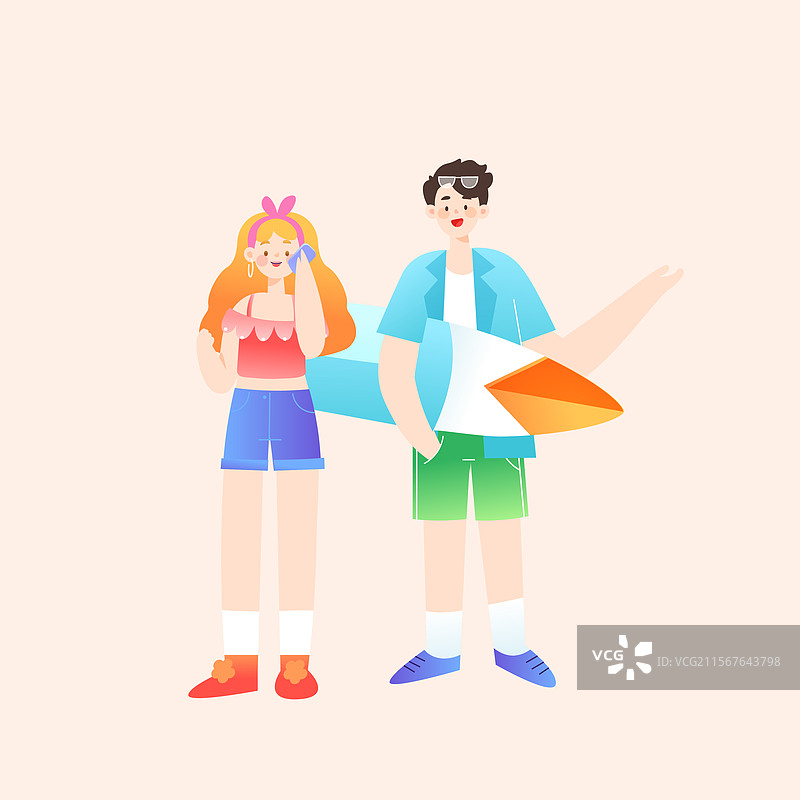 卡通夏季夏天暑期生活学生朋友闺蜜情侣下午茶奶茶聚会美食餐饮休闲娱乐活动冲浪游泳海边风景渐变矢量插画图片素材