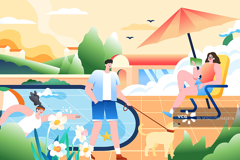 卡通夏季夏天暑期生活学生朋友闺蜜情侣下午茶奶茶聚会美食餐饮休闲娱乐活动冲浪游泳海边风景渐变矢量插画图片素材