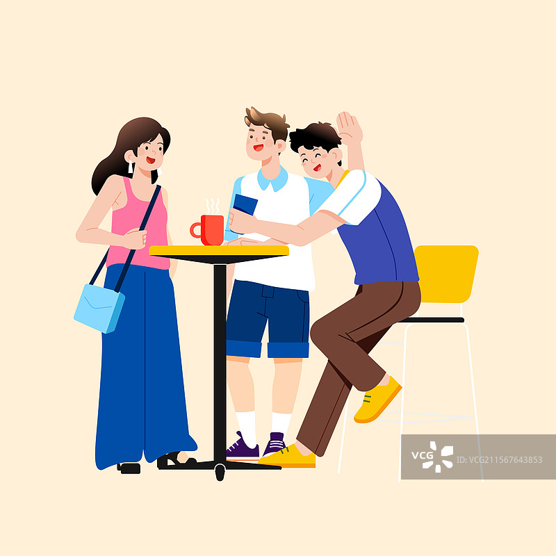 卡通夏季夏天暑期生活学生朋友闺蜜情侣下午茶奶茶聚会美食餐饮休闲娱乐活动冲浪游泳海边风景渐变矢量插画图片素材