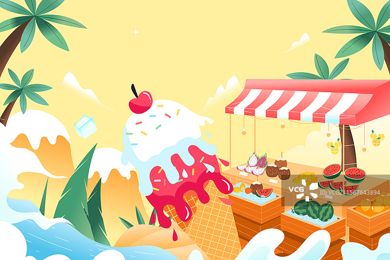 卡通夏季夏天暑期生活学生朋友闺蜜情侣下午茶奶茶聚会美食餐饮休闲娱乐活动冲浪游泳海边风景渐变矢量插画图片素材