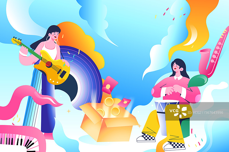 卡通夏季夏天暑期生活学生朋友闺蜜情侣下午茶奶茶聚会美食餐饮休闲娱乐活动冲浪游泳海边风景渐变矢量插画图片素材