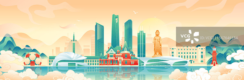 国风大连城市建筑矢量插画图片素材