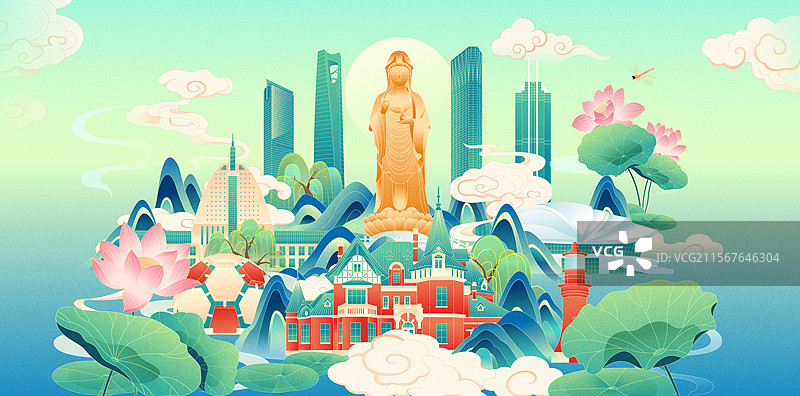 国风大连城市建筑矢量插画图片素材