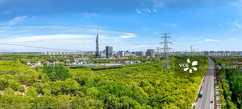 上海浦东融媒体中心 广播电视塔 浦东新区文广中心大楼 500KV高压电线走廊 康桥镇城市实景航拍图片素材