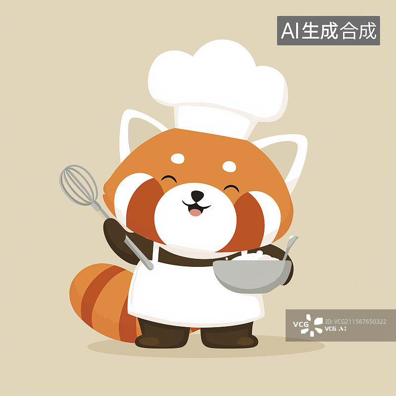 【AI数字艺术】戴着厨师帽拿着勺子的红熊猫卡通形象，双色扁平设计，适用于食品行业概念图片素材