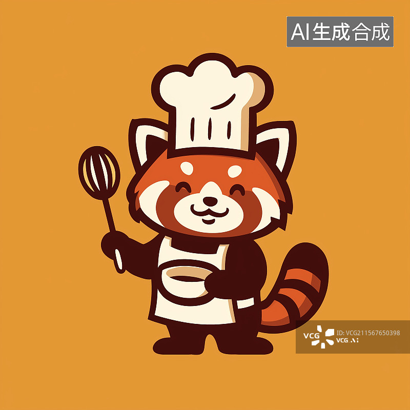 【AI数字艺术】戴着厨师帽拿着勺子的红熊猫卡通形象，双色扁平设计，适用于食品行业概念图片素材