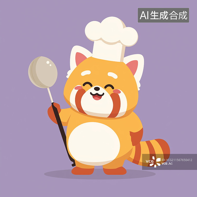 【AI数字艺术】戴着厨师帽拿着勺子的红熊猫卡通形象，双色扁平设计，适用于食品行业概念图片素材